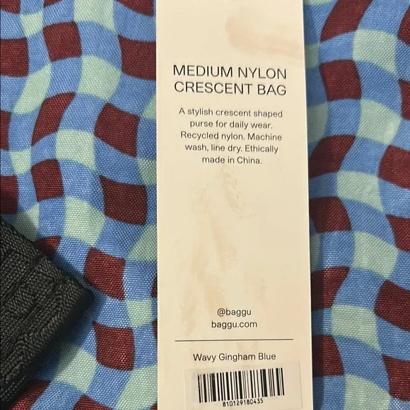 BAGGU Wavy Gingham Blue Medium Nylon Crescent Bag - Picture 2 of 3